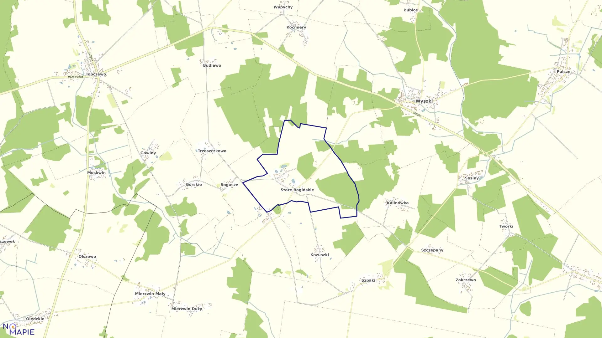 Mapa obrębu BAGIŃSKIE STARE I NOWE w gminie Wyszki