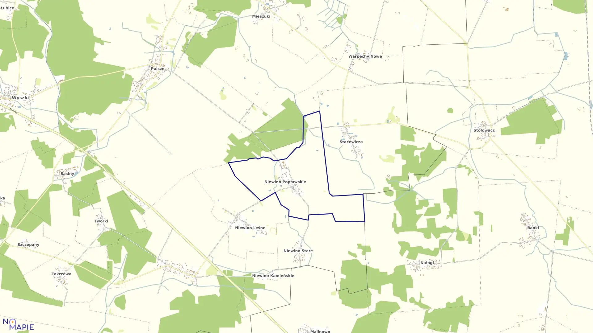 Mapa obrębu NIEWINO POPŁAWSKIE w gminie Wyszki